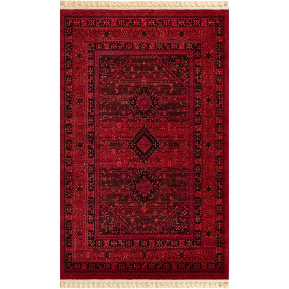 Red Geometric Synthetic 5' x 8' Stain-Resistant Area Rug