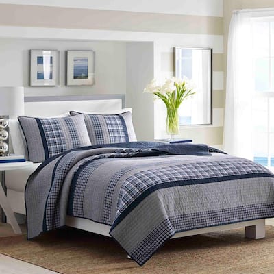 Nautica Adelson 1-Piece Navy Blue Striped and Plaid Cotton King Quilt ...