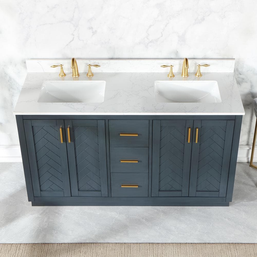 Gazsi 60" Classic Blue Double Bathroom Vanity with Composite Stone Countertop