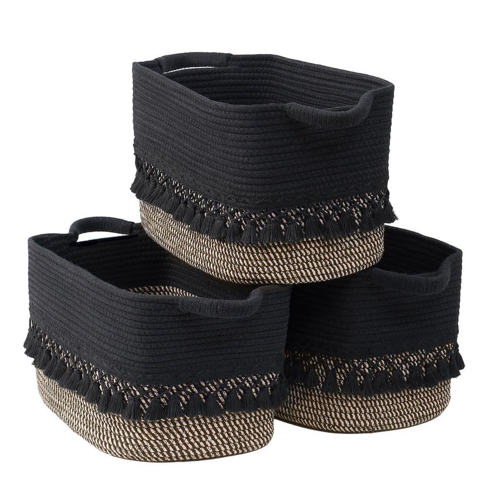 Black & Jute 14.96 in. x 8.66 in. Cotton Decorative Basket Set of 3 with Tassels，Boho-style cotton rope storage basket price history on PriceWatchPro