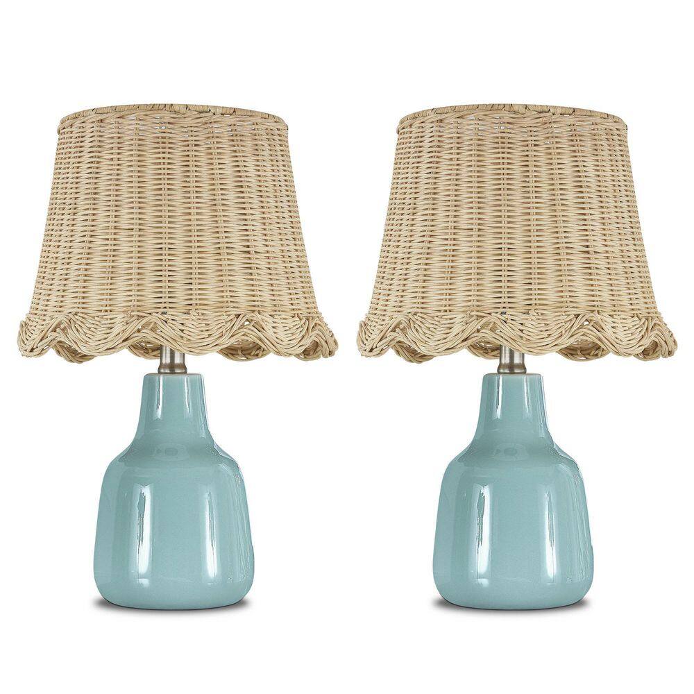 16.5 in. Blue Modern Ceramic Bedroom Living Room Bedside Desk Small Table Lamps With Rattan Shade Set of 2 price history on PriceWatchPro