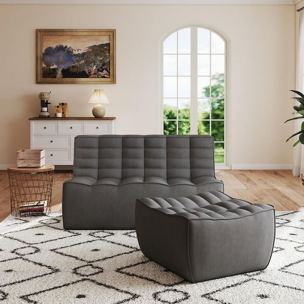 55 in. Black Modular Fireside Lazy Floor Sofa Couch Linen 2-Seater Loveseat Sectional Sofa with Ottoman for Apartment