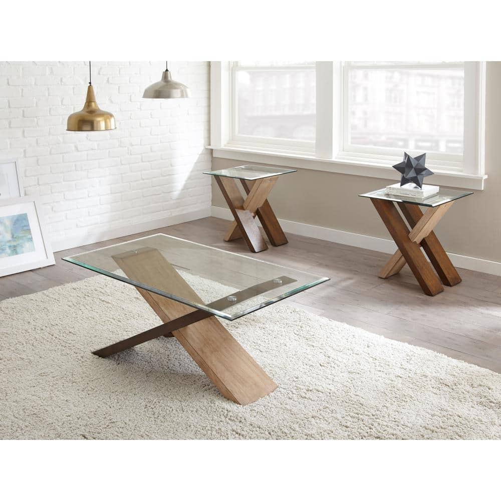 Natural Cherry Glass Top Square End Table with Cross Base