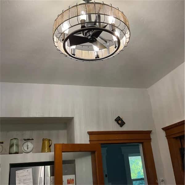 23 in. 6-Light Indoor/Outdoor Black Ceiling Fan with Paper Rope Shade and Remote Control