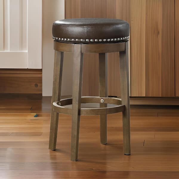 Benjara 30.5 in. Brown Backless Wood Frame Bar Stool with Faux Leather Seat (Set of 2)
