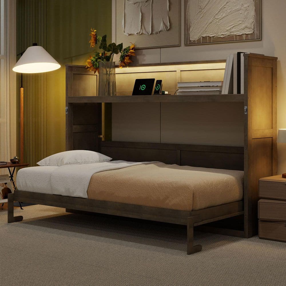Gray Wash Wood Frame Twin XL Size Murphy Bed with Desk, LED Light and USB Charging Station