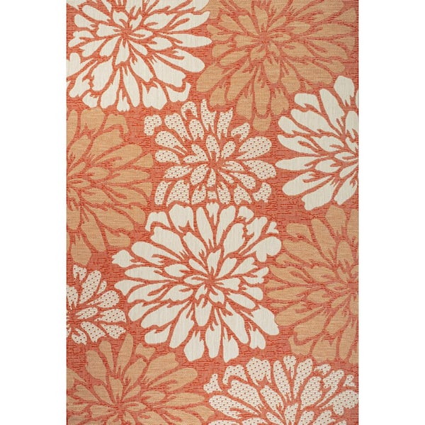 Zinnia Modern Floral Textured Weave Orange/Cream 3 ft. x 5 ft. Indoor/Outdoor Area Rug