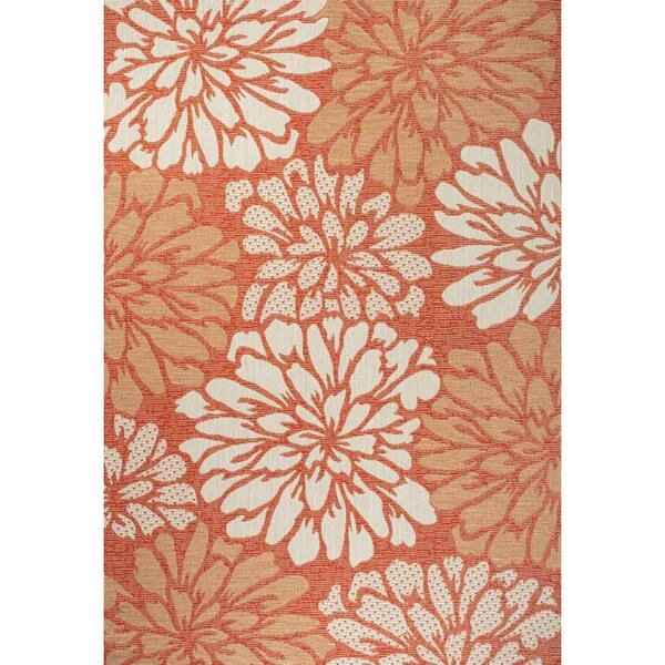 Zinnia Modern Floral Textured Weave Orange/Cream 5 ft. x 8 ft. Indoor/Outdoor Area Rug