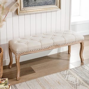 45 in. Beige Carving Upholstered Entryway and Bedroom Bench French Vintage Tufted End of Bed Bench for Living Room