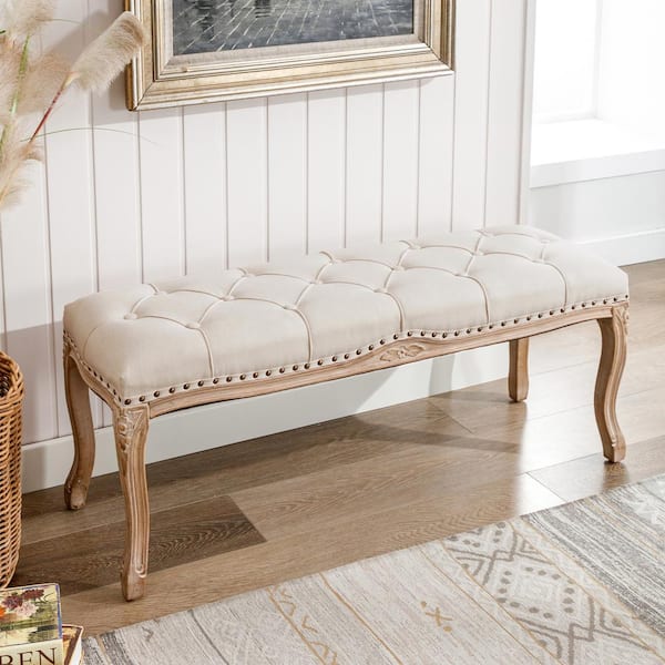 cozyman 45 in. Beige Carving Upholstered Entryway and Bedroom Bench French Vintage Tufted End of Bed Bench for Living Room