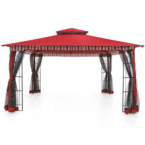 Sudzendf 13 ft. x 11 ft. Red Double Tier Roof Canopy Shelter Patio Gazebo with Corner Frame Shelves