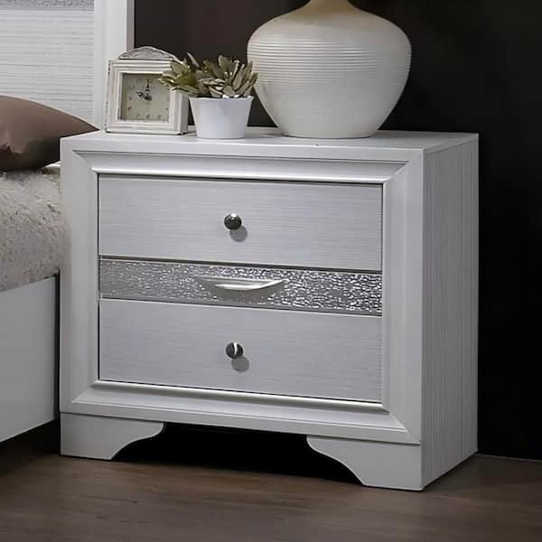 Contemporary White 2 Drawer Nightstand with Hidden Jewelry Drawer, Silver Accents & Solid Wood Veneer