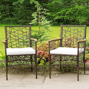 Mix Brown Metal Wicker Outdoor Dining Chair with Off White Cushion(Set of 2)