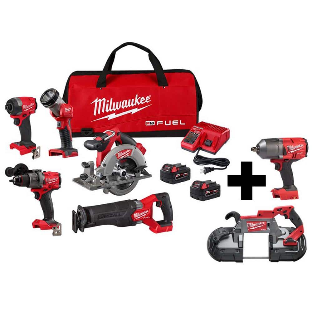 Milwaukee M18 FUEL 18-Volt Lithium-Ion Brushless Cordless Combo Kit (5-Tool)  with 1/2 in. Impact Wrench and Deep Cut Band Saw 3697-25-2767-20-2729-20  The Home Depot