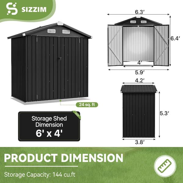 Sizzim 6 ft. W x 4 ft. D Black Metal Shed with Lockable Door and