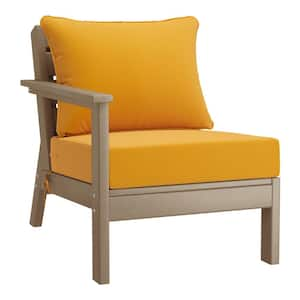 Birchwood Outdoor Patio Deep Seating Left Facing Arm HDPE Lounge Chair in Weathered Wood with Yellow Cushions