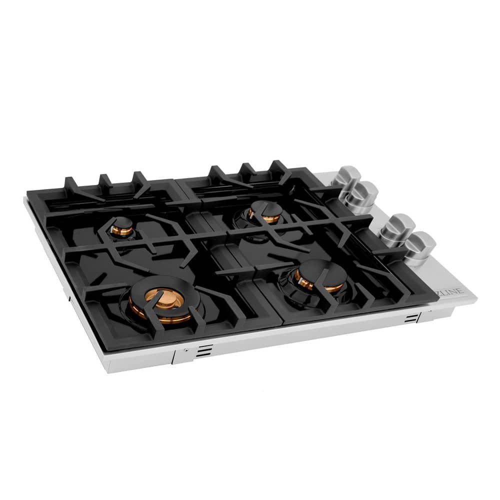ZLINE Kitchen and Bath 30 in. 4 Burner Top Control Porcelain Gas Cooktop with Brass Burners in Stainless Steel, Silver