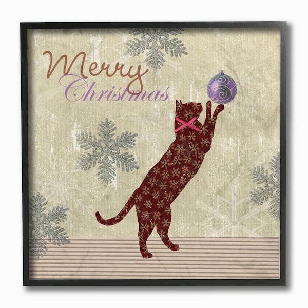 Stupell Industries 12 in. x 12 in. "Holiday Merry Christmas Cat with Ornament and Snowflakes " by Artist A.V. Art Framed Wall Art