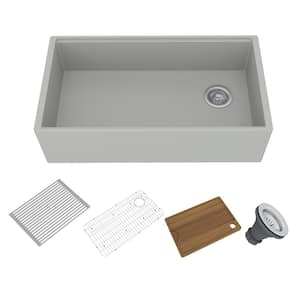 Concrete 33 in. Single Bowl Farmhouse Apron Kitchen Sink with Cutting Board, Rolling Drying Rack, Grid and Drainer (CC)