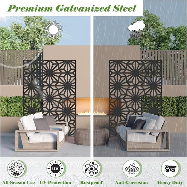 Zeus & Ruta 5.9 ft. H x 4 ft. W Outdoor Privacy Screen Wall in Black Decorative Metal Freestanding Garden Fence for Patio, Backyard