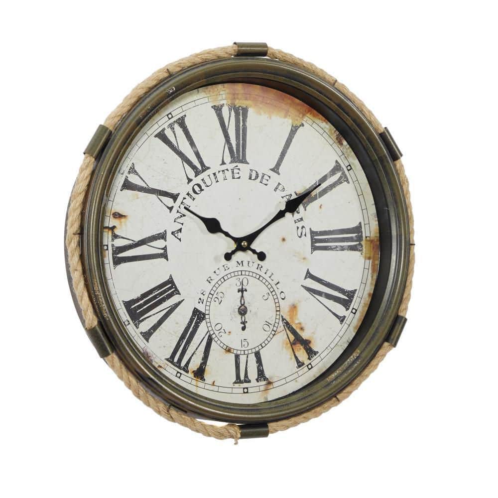 17" Brown Metal Wall Clock with Rope Frame and Distressed Cream Face
