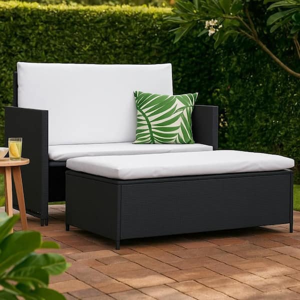 Feya Black Steel Metal 2-Piece Outdoor Sectional Sofa and Ottoman Set with White Cushion