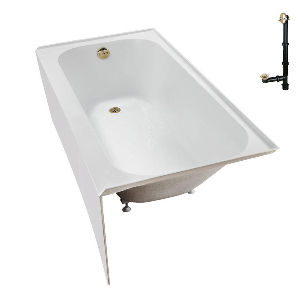 66-Inch Glossy White Acrylic Alcove Bathtub with Polished Brass Drain
