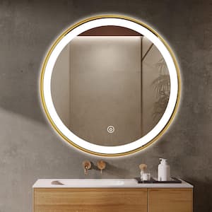 30 in. W x 30 in. H Round Aluminum Framed LED Light with 3-Color and Anti-Fog Wall Mount Bathroom Vanity Mirror in Gold
