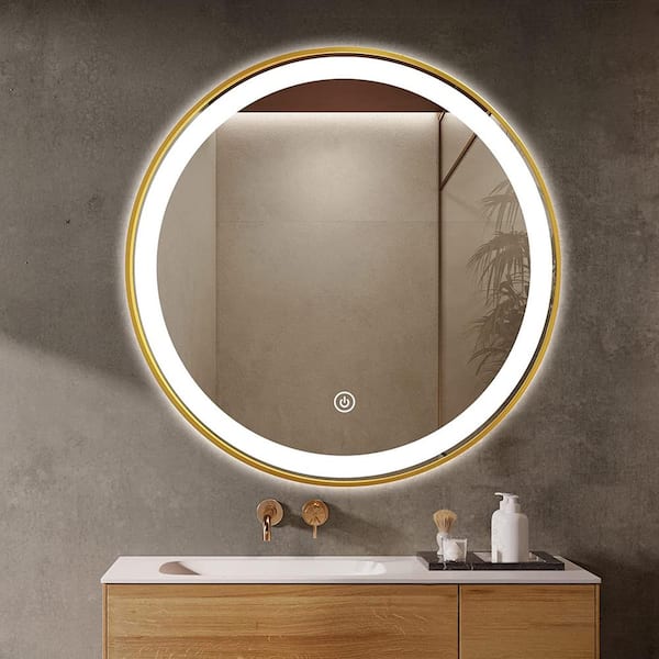 ELLO&ALLO 30 in. W x 30 in. H Round Aluminum Framed LED Light with 3-Color and Anti-Fog Wall Mount Bathroom Vanity Mirror in Gold