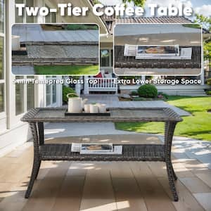 Gray Rectangle Wicker Outdoor Coffee Table with Tempered Glass Top and Storage Space