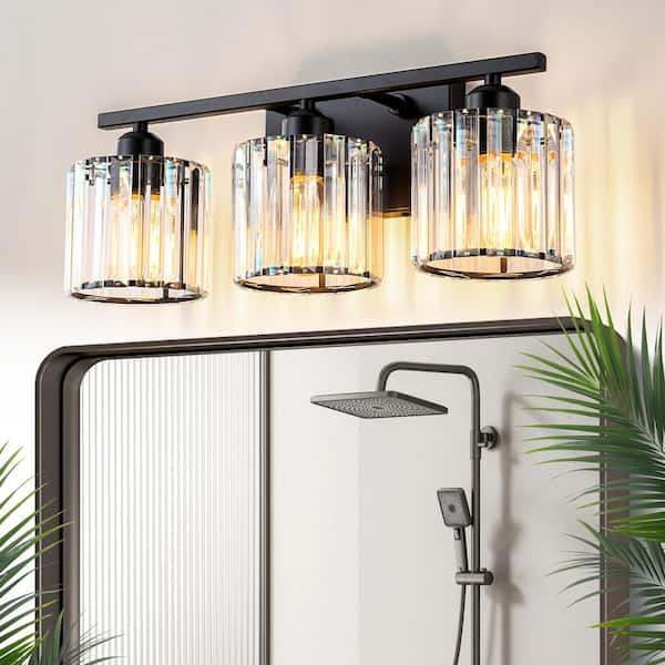 19 in. 3-Light Matte Black Bathroom Vanity Light with Clear Cylinder Crystal Shades, Modern Wall Sconce Over Mirror