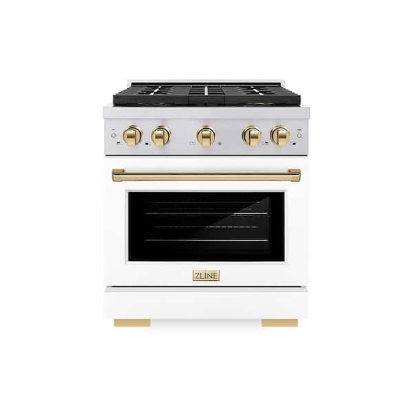 Autograph 30 in. 4.2 cu. ft. Gas Range with 4-Burner Cooktop and Gas Oven in Stainless with White Matte Door and Gold