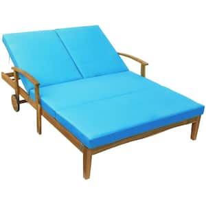 Solid Wood Cushioned 2-Person Outdoor Double Chaise Lounge Chair Daybed with Blue Cushion and Wheels for Backyard