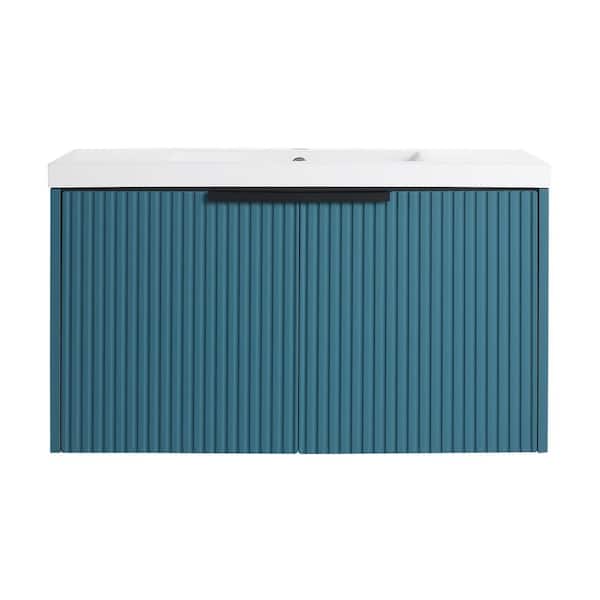 36 in. Wall-Mounted Lake Blue Bath Vanity with White Cultured Marble Top Unassembled