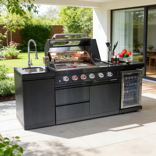 46 in. 4-Burner 72,000 BTU Stainless Steel Outdoor Kitchen BBQ Grill Island, Wine Refrigerator, Rotisserie, in Black
