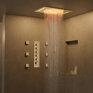 LED Bluetooth Shower 5-Spray Ceiling Mount 23 and 15 in. Fixed Shower Head with Handheld 6 Jets in Brushed Gold