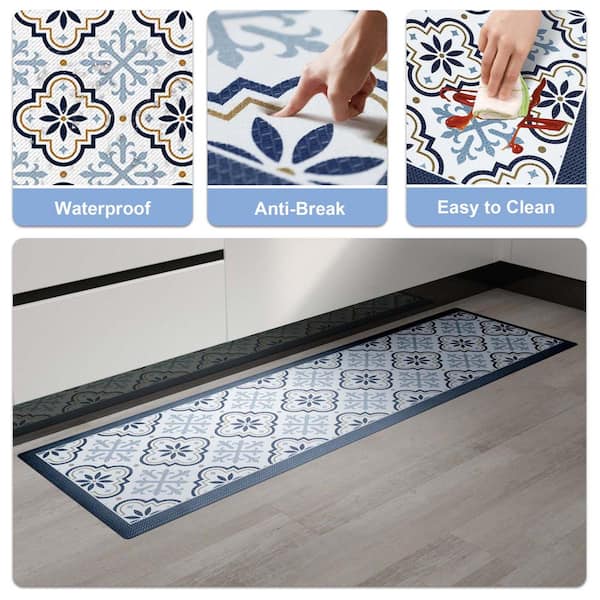 Blue And White Decor Blue Kitchen Rugs Set 2 PCS Anti Fatigue Non Skid Mats Waterproof Cushioned Kitchen Sink Mats Padded Kitchen Mats Standing Floor Laundry Bathroom Off Kitchen Mats For Floor