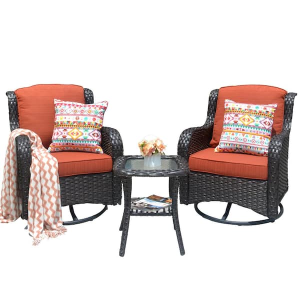 Joyoung Brown 3-Piece Wicker Swivel Outdoor Patio Conversation Seating Set with Orange Red Cushions