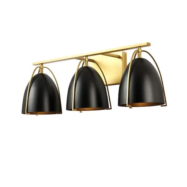 RRTYO Tybalt 23.2 in. 3-Light Mid-Century Modern Black and Brushed Gold Bowl Dome Vanity Light
