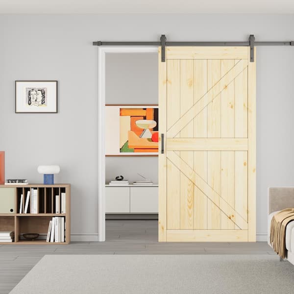ARK DESIGN 42 in. x 84 in. Paneled K Shape Solid Pine Wood Unfished Sliding Barn Door Slab with Installation Hardware Kit