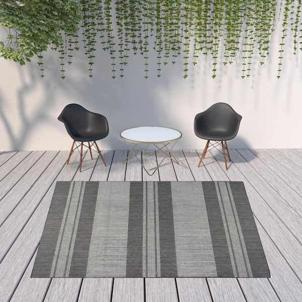 Blue, Gray 8 ft. x 10 ft. Loomed Striped Polypropylene Rectangle Indoor/Outdoor Area Rug