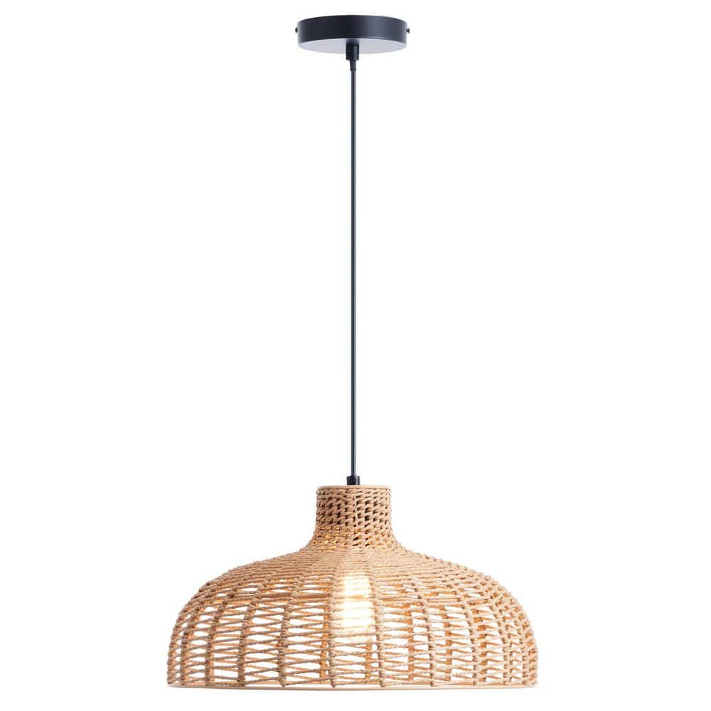 Matte Black Handwoven Hemp Rope Dome Pendant Light
