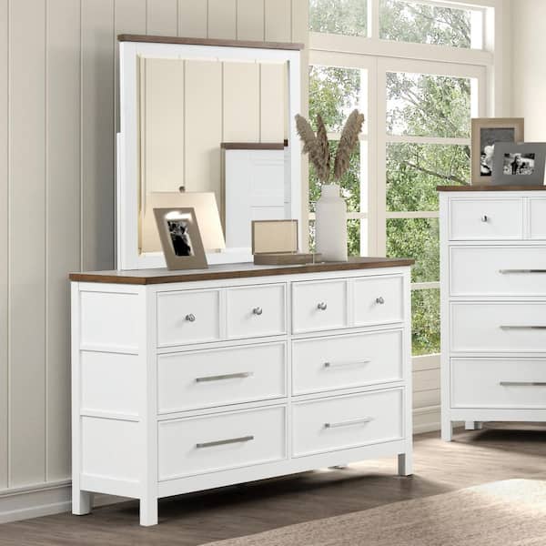 Furniture of America Beiring White and Dark Brown 6-Drawer 54 in. Dresser with Mirror with Nickel Finish Mushroom Knob