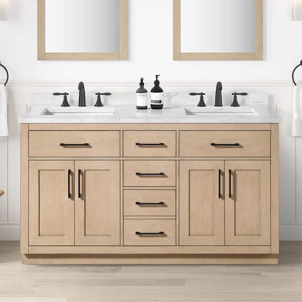 Athea 60 in. Double Sink Sahara Birch Bath Vanity w/ White Engineered Marble Top and Integrated Power Outlet (Assembled)