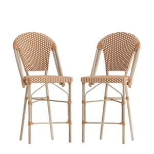 41.5 in. White/Natural Mid-Back Metal Bar Stool with Rattan Seat (Set of 2)