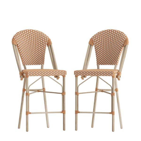 TAYLOR + LOGAN 41.5 in. White/Natural Mid-Back Metal Bar Stool with Rattan Seat (Set of 2)