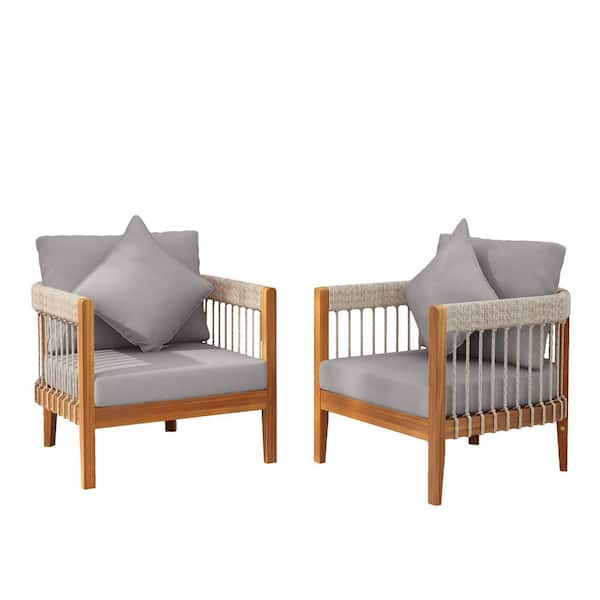 2 Pieces Acacia Wood Outdoor Lounge Chair with Removable Grey Cushions