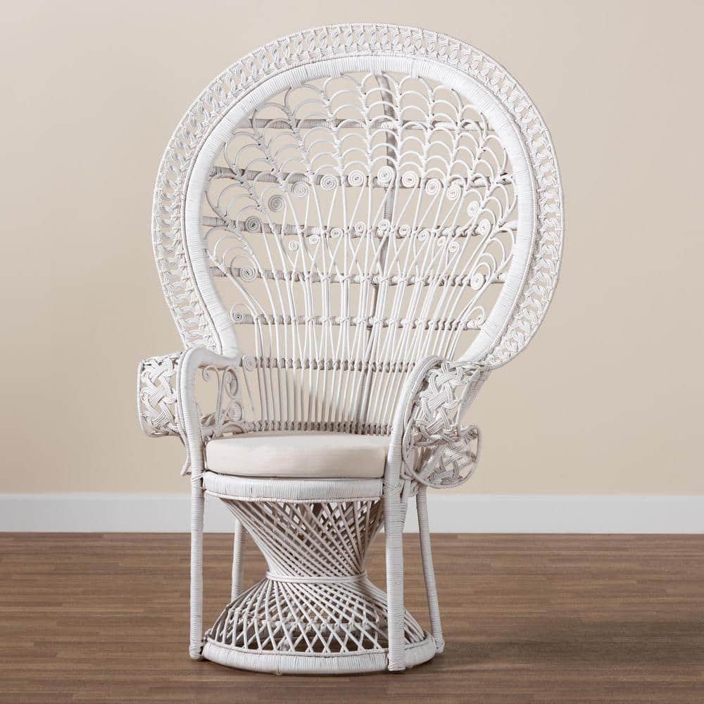 Handcrafted White Rattan Peacock Accent Chair with Geometric Design