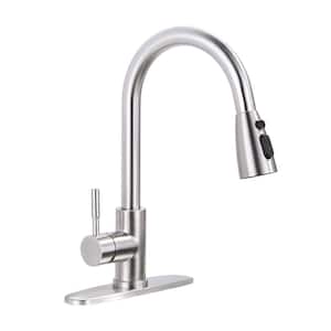 Stainless Steel Single Handle Pull Out Sprayer Kitchen Faucet with Deckplate in Brushed Nickel