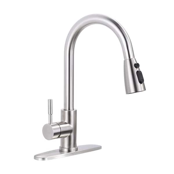 IVIGA Stainless Steel Single Handle Pull Down Sprayer Kitchen Faucet with 3-Mode Advanced Spray, Deckplate in Brushed Nickel